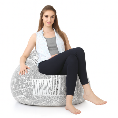 Style Homez Classic Cotton Canvas Newspaper Printed Bean Bag Jumbo SAC Size with Bean Bag Refill Fillers