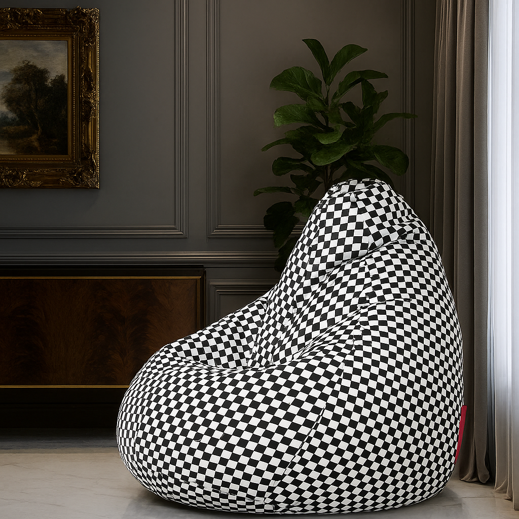 Style Homez Classic Cotton Canvas Checkered Printed Bean Bag Jumbo SAC Size with Bean Bag Refill Fillers
