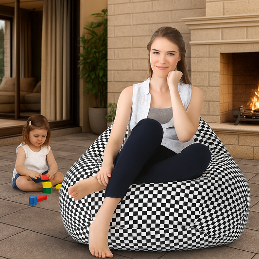 Style Homez Classic Cotton Canvas Checkered Printed Bean Bag Jumbo SAC Size with Bean Bag Refill Fillers