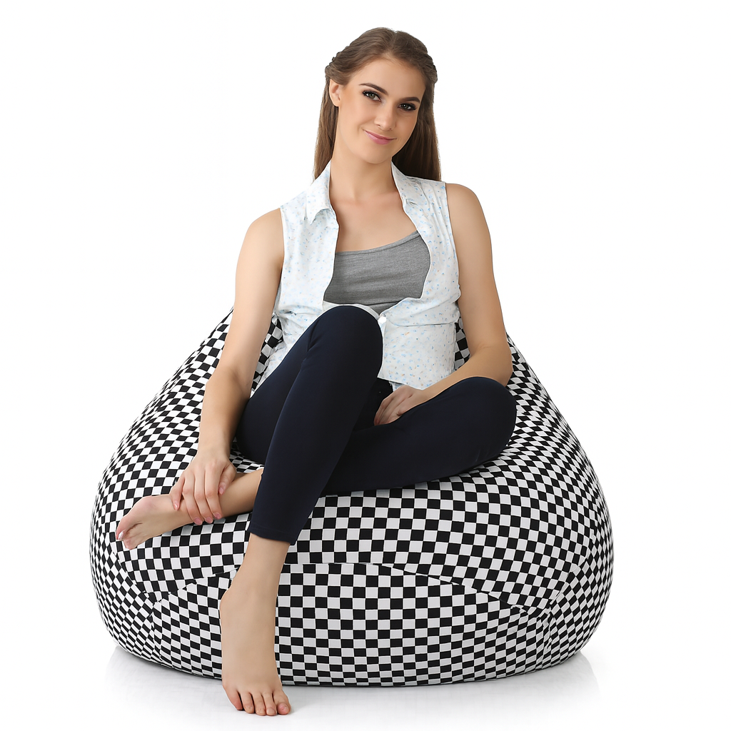 Style Homez Classic Cotton Canvas Checkered Printed Bean Bag Jumbo SAC Size with Bean Bag Refill Fillers