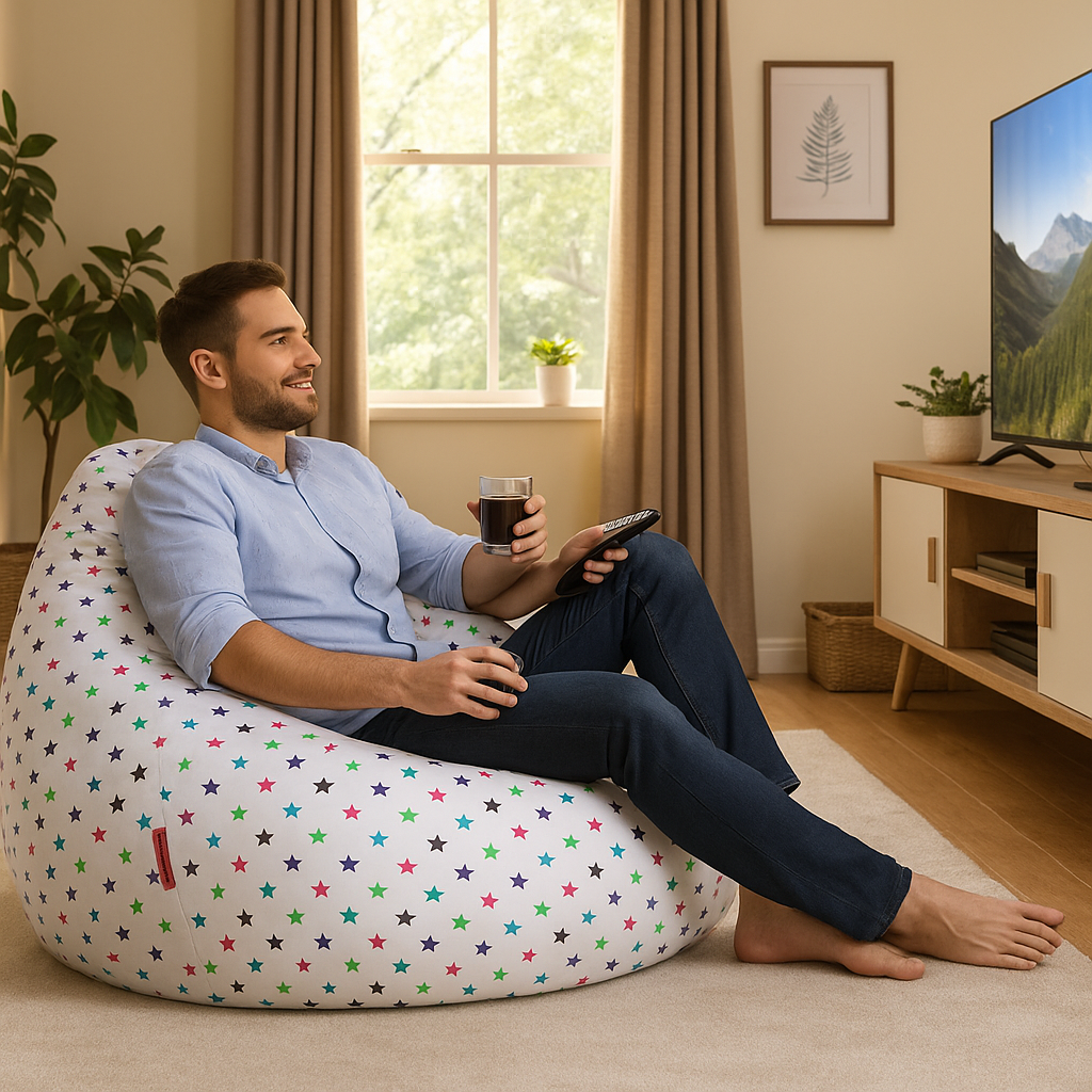 Style Homez Classic Cotton Canvas Star Printed Bean Bag Jumbo SAC Size with Bean Bag Refill Fillers