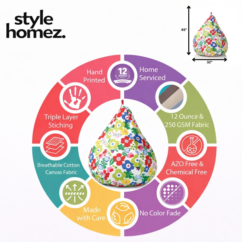 Style Homez CLASSIC BEAN BAG, Cotton Canvas Floral Printed, Jumbo Size SAC, Cover Only