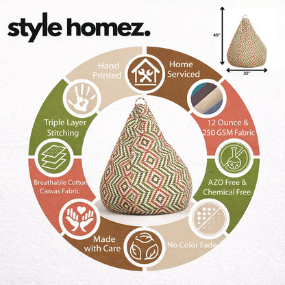 Style Homez Classic Cotton Canvas IKAT Printed Bean Bag Jumbo SAC Size with Bean Bag Refill Fillers