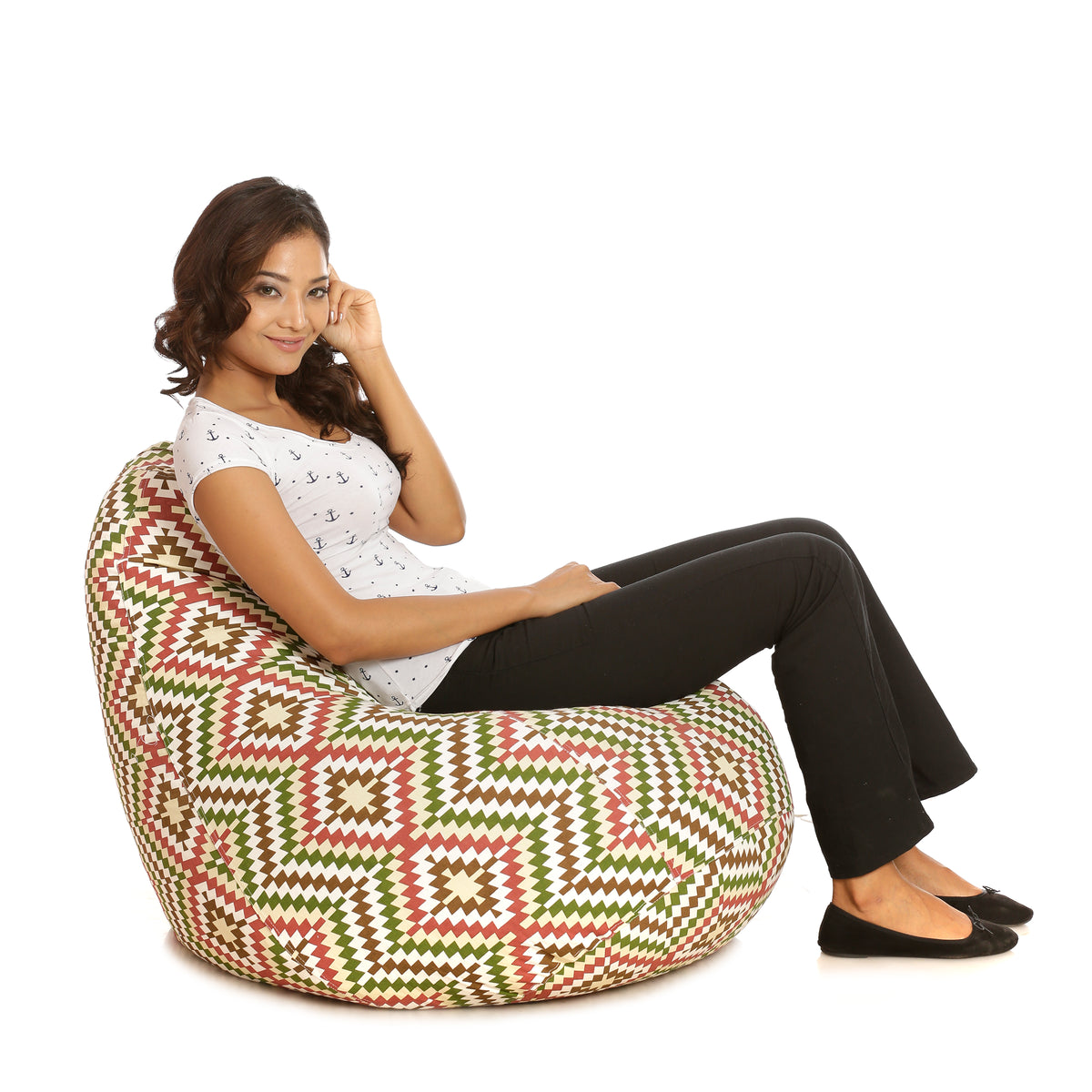 Style Homez Classic Cotton Canvas IKAT Printed Bean Bag Jumbo SAC Size with Bean Bag Refill Fillers