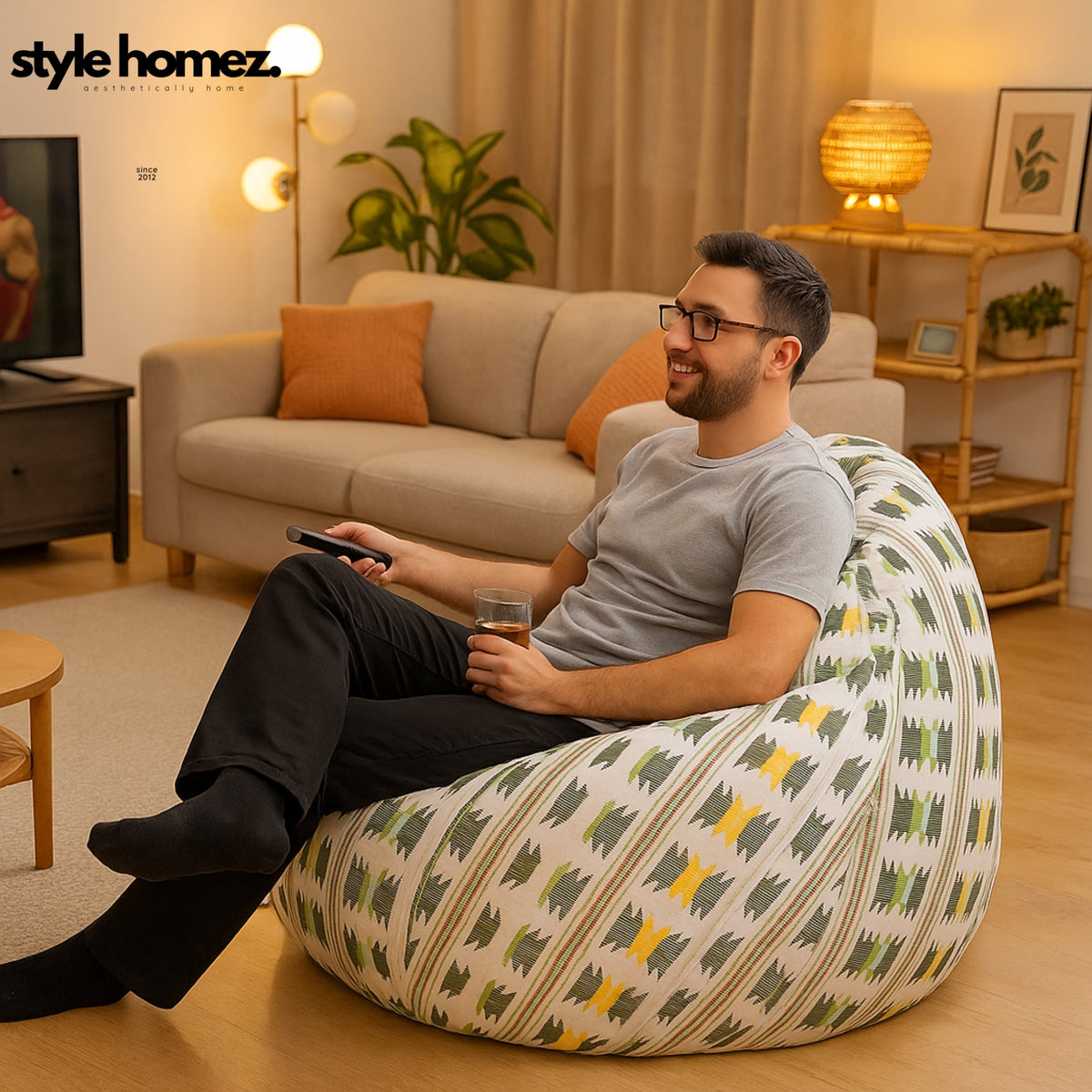 Style Homez CLASSIC BEAN BAG, Cotton Canvas IKAT Printed,  Jumbo Size SAC, Cover Only