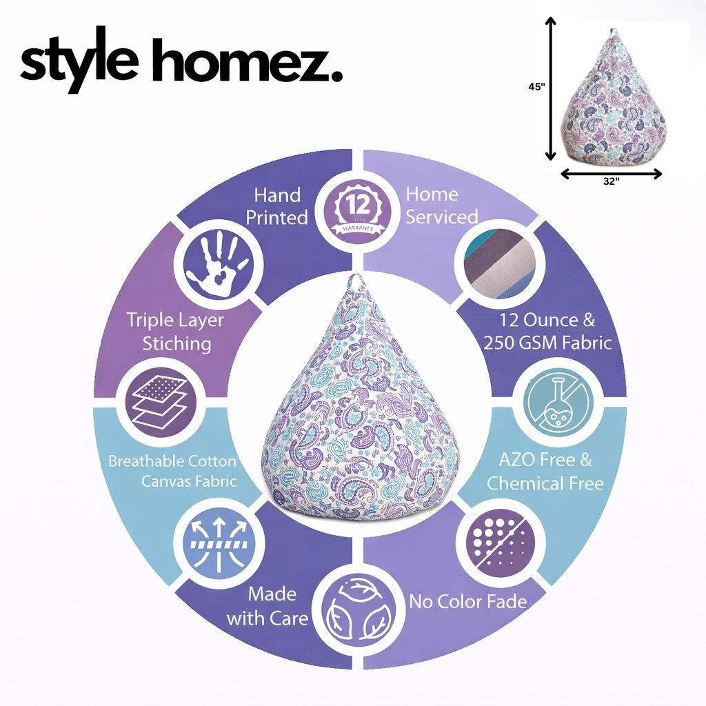 Style Homez Classic Cotton Canvas Paisley Printed Bean BagJumbo SAC Size with Bean Bag Refill Fillers