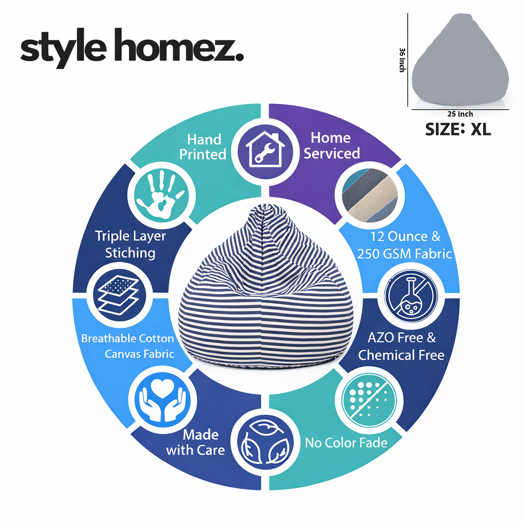 Style Homez Classic Premium Cotton Canvas Stripes Printed Bean Bag XL Size Filled with Beans Fillers