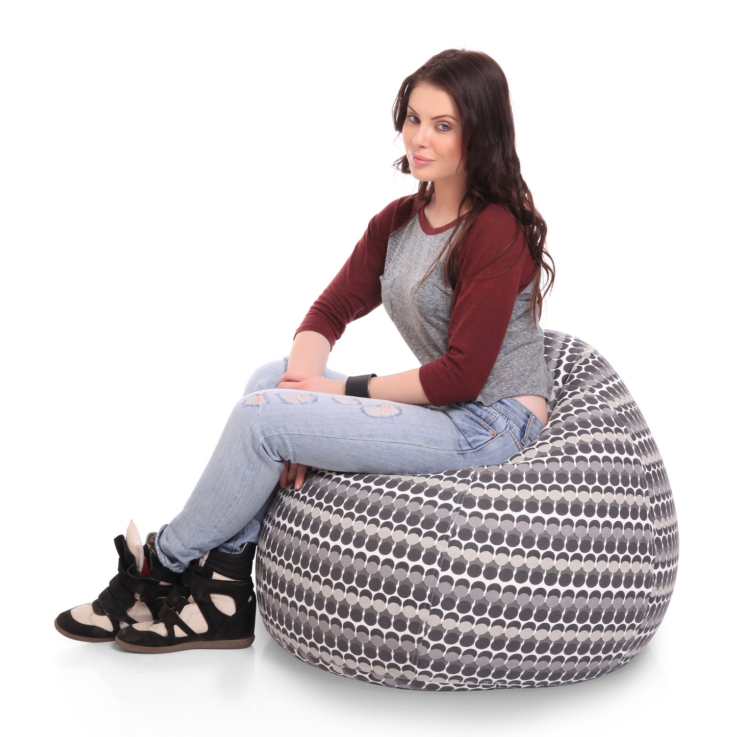 Style Homez Classic Premium Cotton Canvas Polka Dots Printed Bean Bag XL Size Filled with Beans Fillers