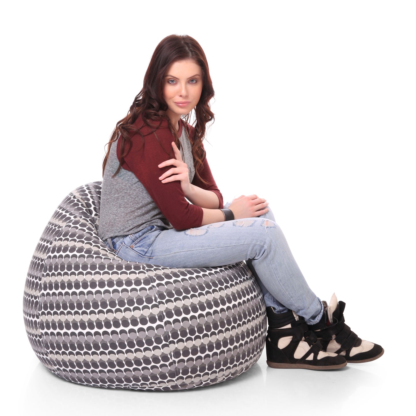 Style Homez Classic Premium Cotton Canvas Polka Dots Printed Bean Bag XL Size Filled with Beans Fillers