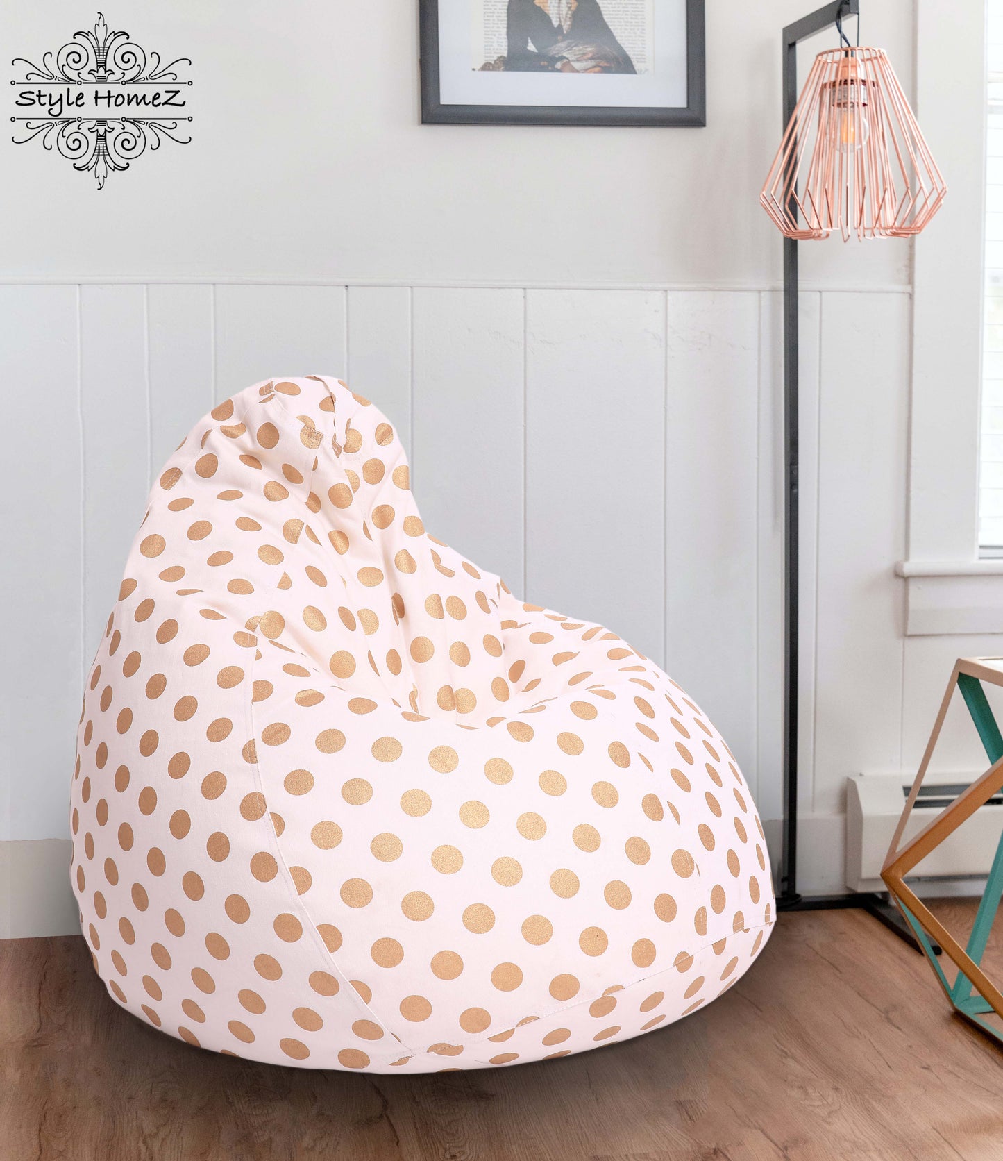 Style Homez Classic Premium Cotton Canvas Polka Dots Printed Bean Bag XL Size Filled with Beans Fillers