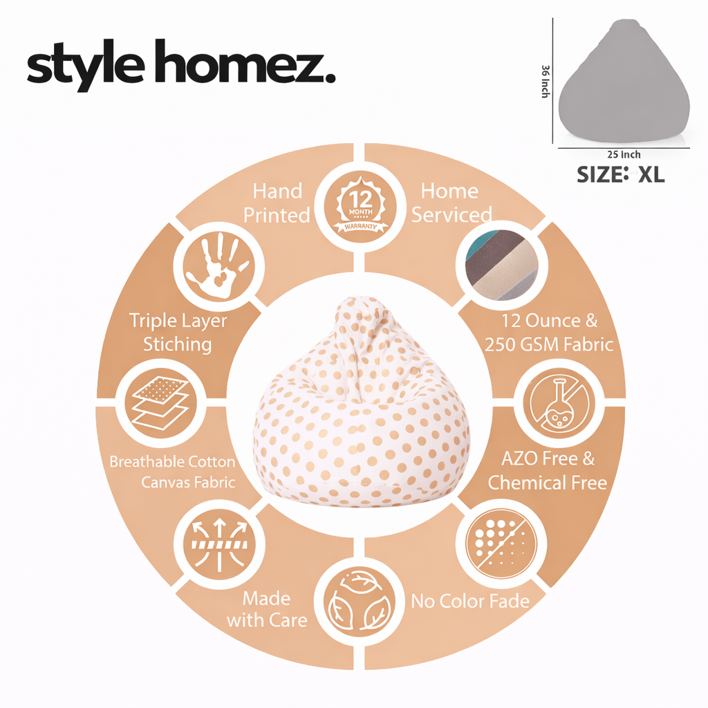 Style Homez Classic Premium Cotton Canvas Polka Dots Printed Bean Bag XL Size Filled with Beans Fillers