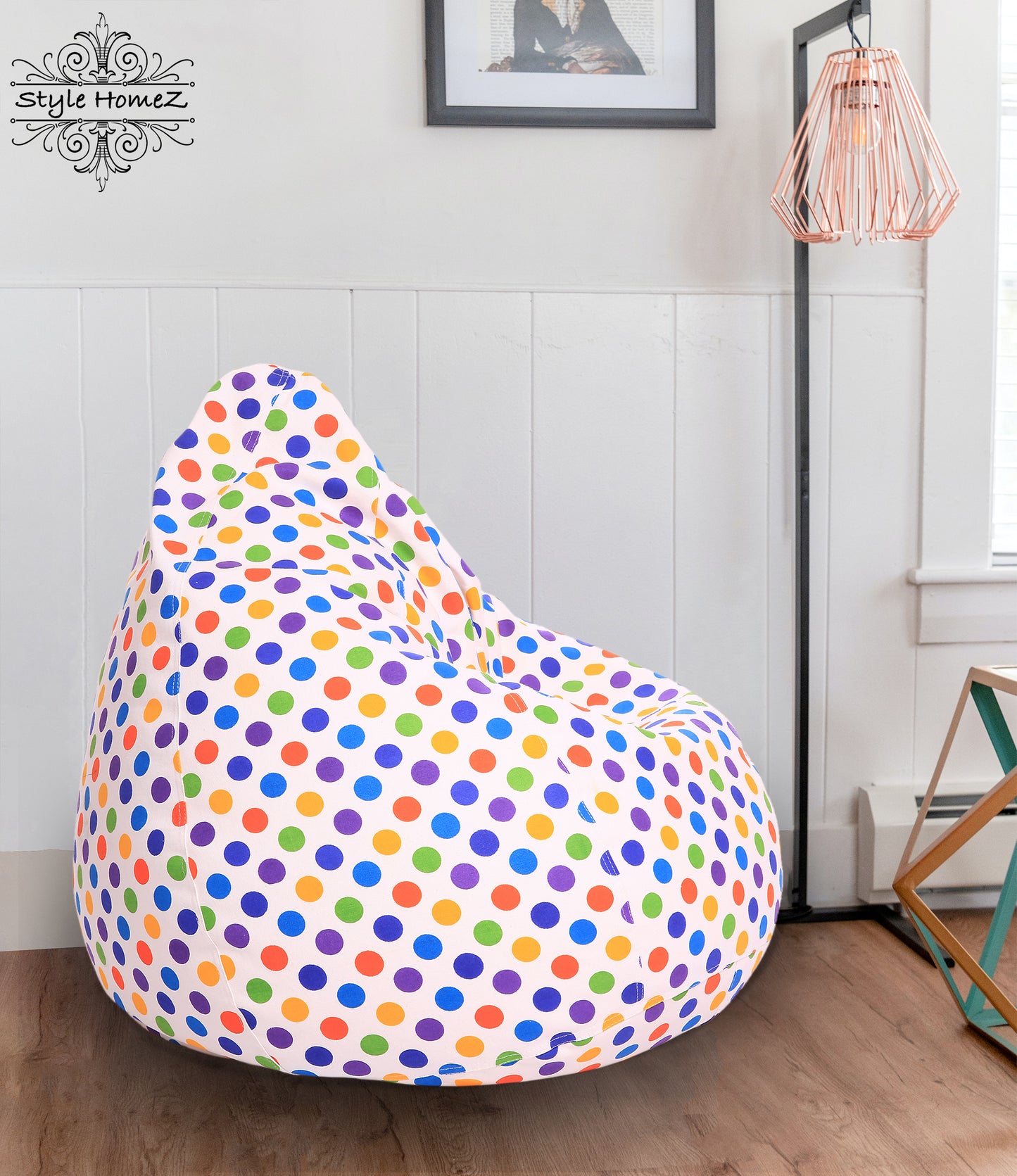 Style Homez Classic Premium Cotton Canvas Polka Dots Printed Bean Bag XL Size Filled with Beans Fillers