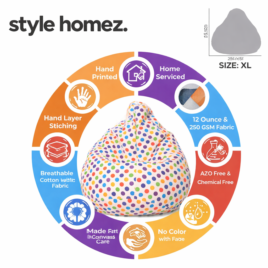 Style Homez Classic Premium Cotton Canvas Polka Dots Printed Bean Bag XL Size Filled with Beans Fillers