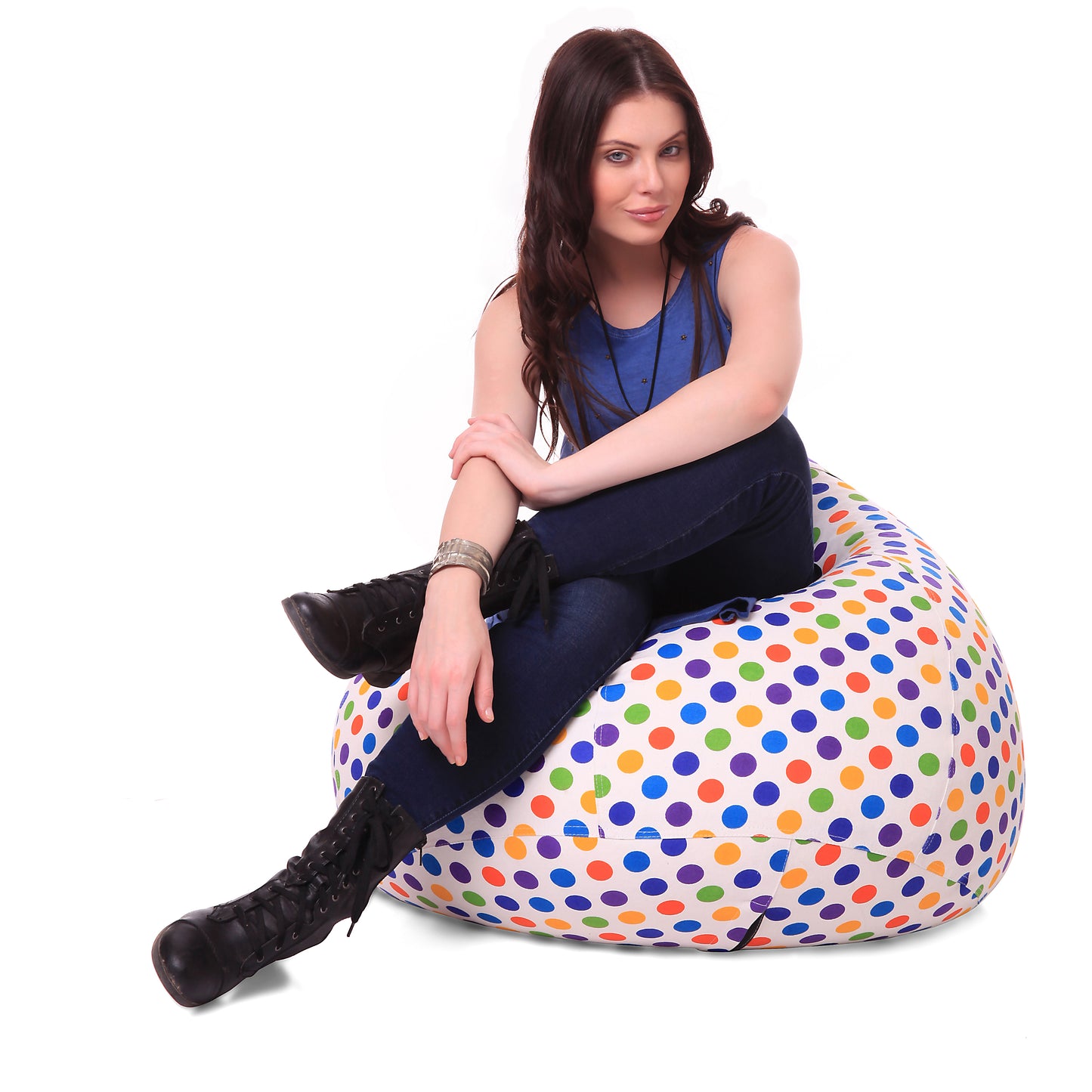 Style Homez Classic Premium Cotton Canvas Polka Dots Printed Bean Bag XL Size Filled with Beans Fillers