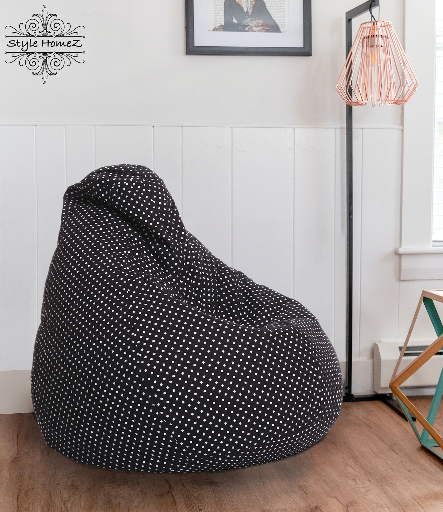 Style Homez Classic Premium Cotton Canvas Polka Dots Printed Bean Bag XL Size Filled with Beans Fillers