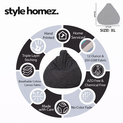 Style Homez Classic Cotton Canvas Polka Dots Printed Bean Bag XXL Size Filled with Beans Fillers