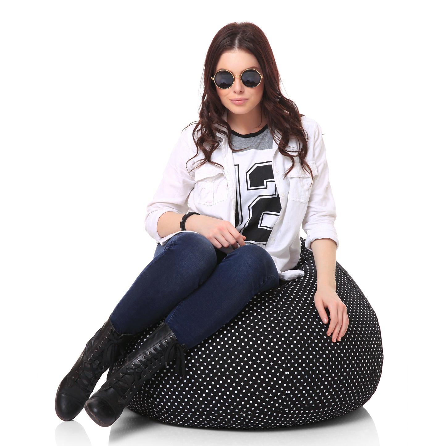 Style Homez Classic Premium Cotton Canvas Polka Dots Printed Bean Bag XL Size Filled with Beans Fillers