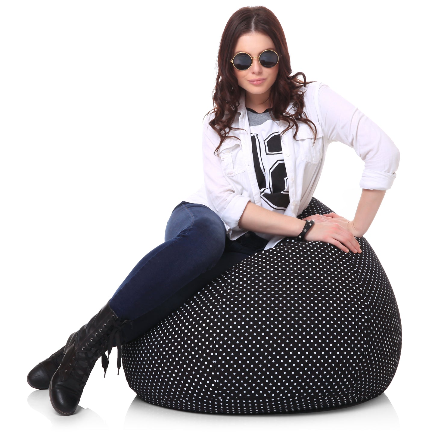 Style Homez Classic Premium Cotton Canvas Polka Dots Printed Bean Bag XL Size Filled with Beans Fillers