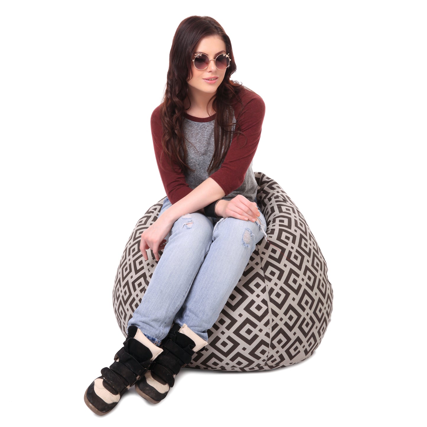 Style Homez Classic Premium Cotton Canvas Geometric Printed Bean Bag XL Size Filled with Beans Fillers