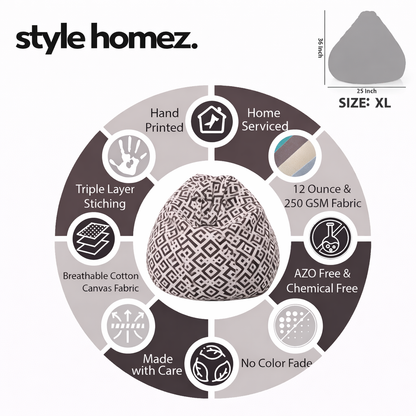 Style Homez Classic Premium Cotton Canvas Geometric Printed Bean Bag XL Size Filled with Beans Fillers