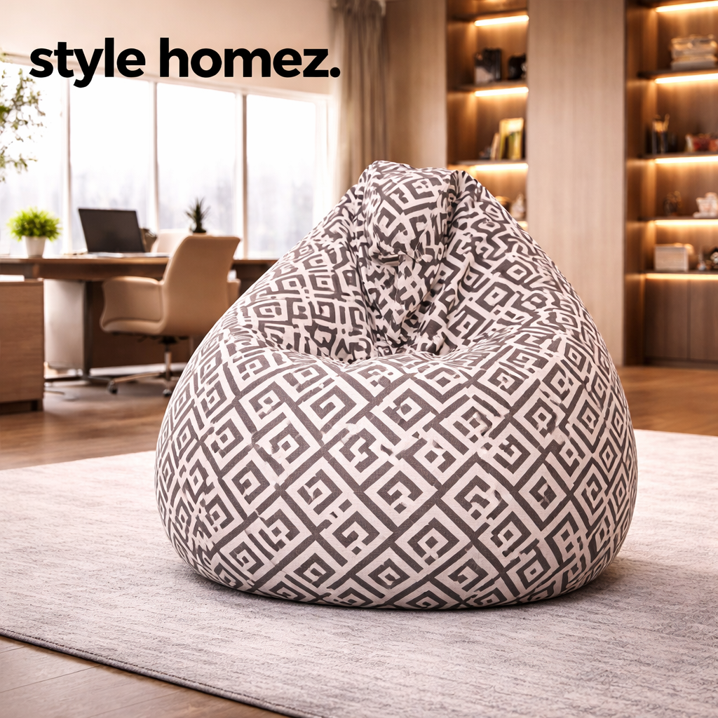 Style Homez Classic Premium Cotton Canvas Geometric Printed Bean Bag XL Size Filled with Beans Fillers