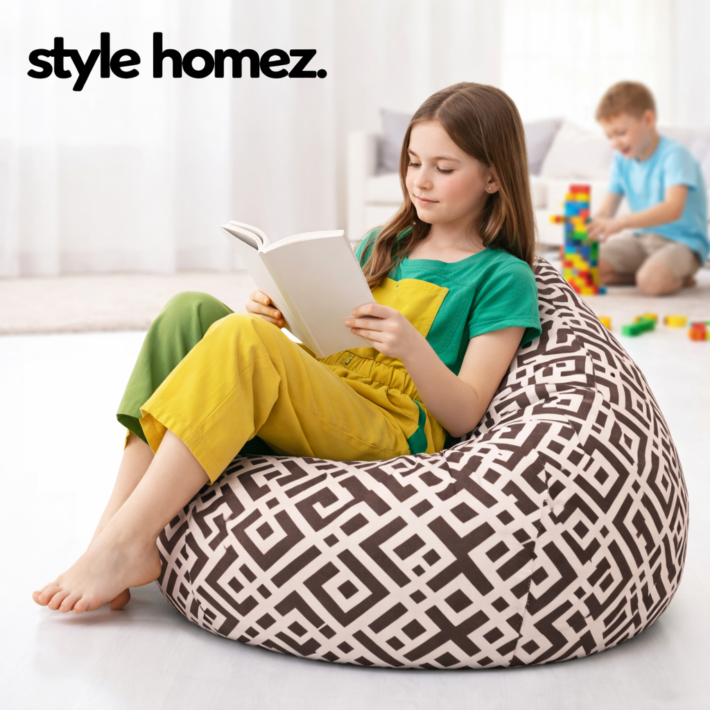 Style Homez Classic Premium Cotton Canvas Geometric Printed Bean Bag XL Size Filled with Beans Fillers