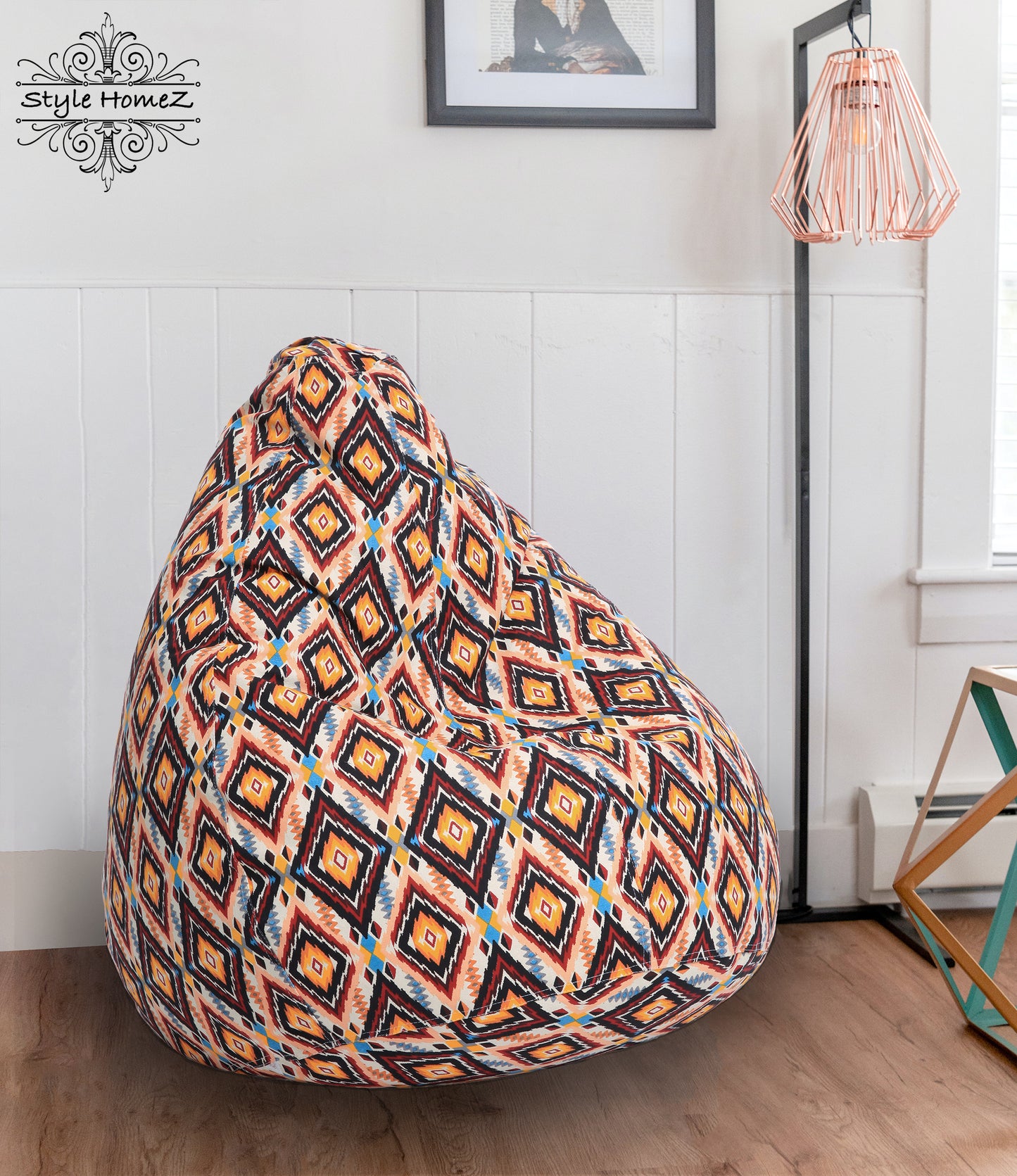 Style Homez Classic Premium Cotton Canvas Geometric Printed Bean Bag XL Size Filled with Beans Fillers