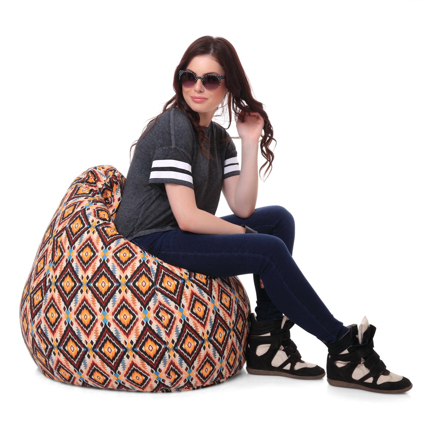 Style Homez Classic Premium Cotton Canvas Geometric Printed Bean Bag XL Size Filled with Beans Fillers