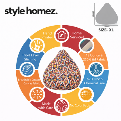 Style Homez Classic Premium Cotton Canvas Geometric Printed Bean Bag XL Size Filled with Beans Fillers