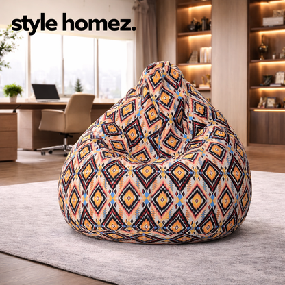 Style Homez Classic Premium Cotton Canvas Geometric Printed Bean Bag XL Size Filled with Beans Fillers