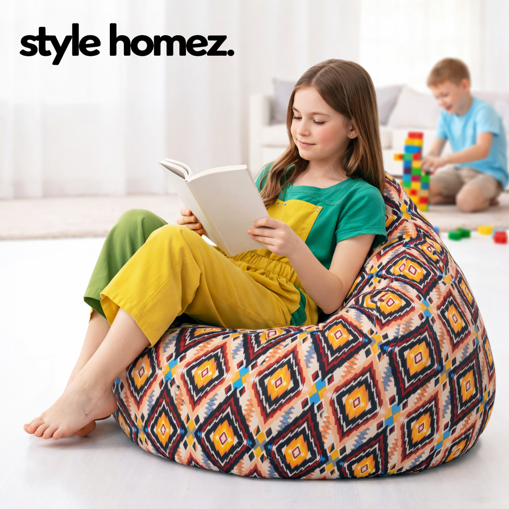 Style Homez Classic Premium Cotton Canvas Geometric Printed Bean Bag XL Size Filled with Beans Fillers