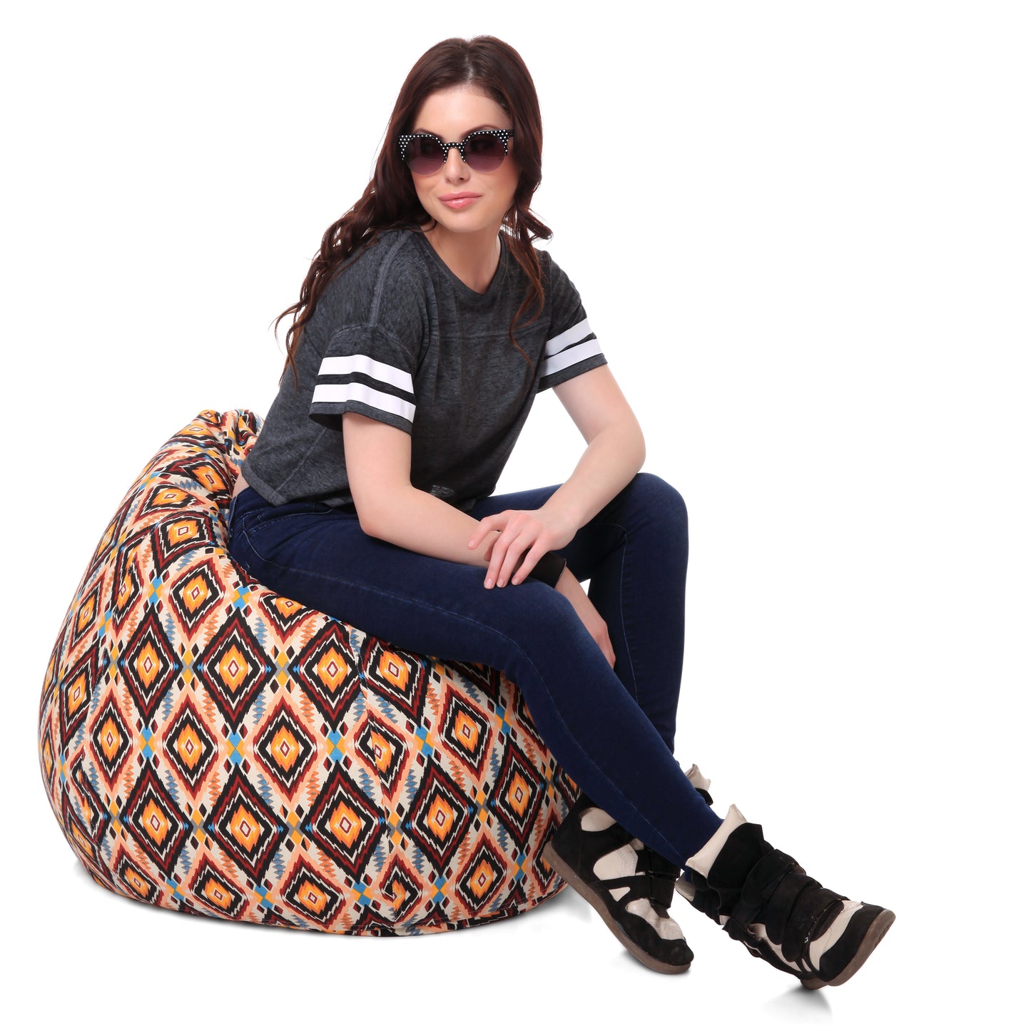 Style Homez Classic Premium Cotton Canvas Geometric Printed Bean Bag XL Size Filled with Beans Fillers