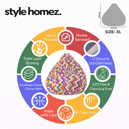 Style Homez Classic Premium Cotton Canvas Geometric Printed Bean Bag XL Size Filled with Beans Fillers