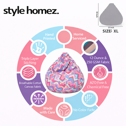 Style Homez Classic Premium Cotton Canvas Geometric Printed Bean Bag XL Size Filled with Beans Fillers