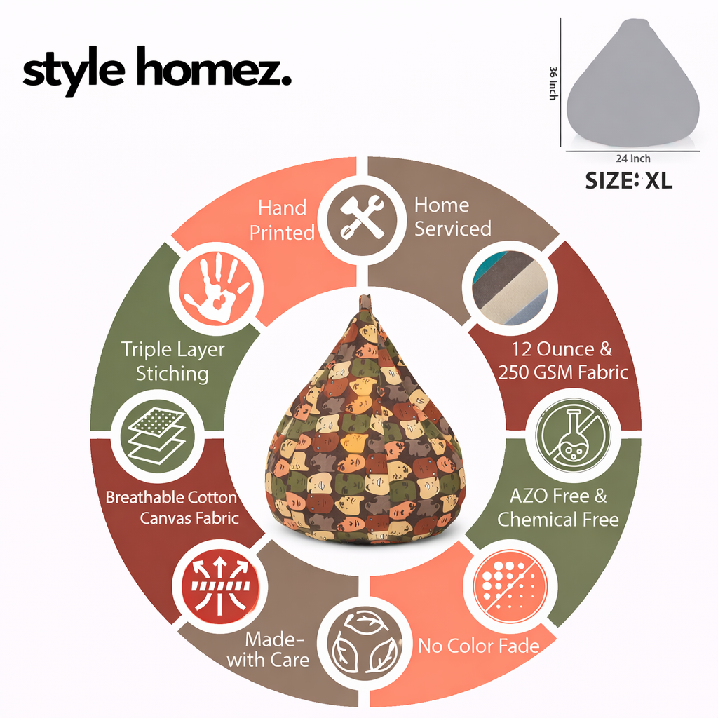 Style Homez Classic Premium Cotton Canvas Abstract Printed Bean Bag XL Size Filled with Beans Fillers