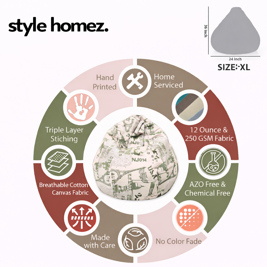 Style Homez Classic Premium Cotton Canvas Abstract Printed Bean Bag XL Size Filled with Beans Fillers