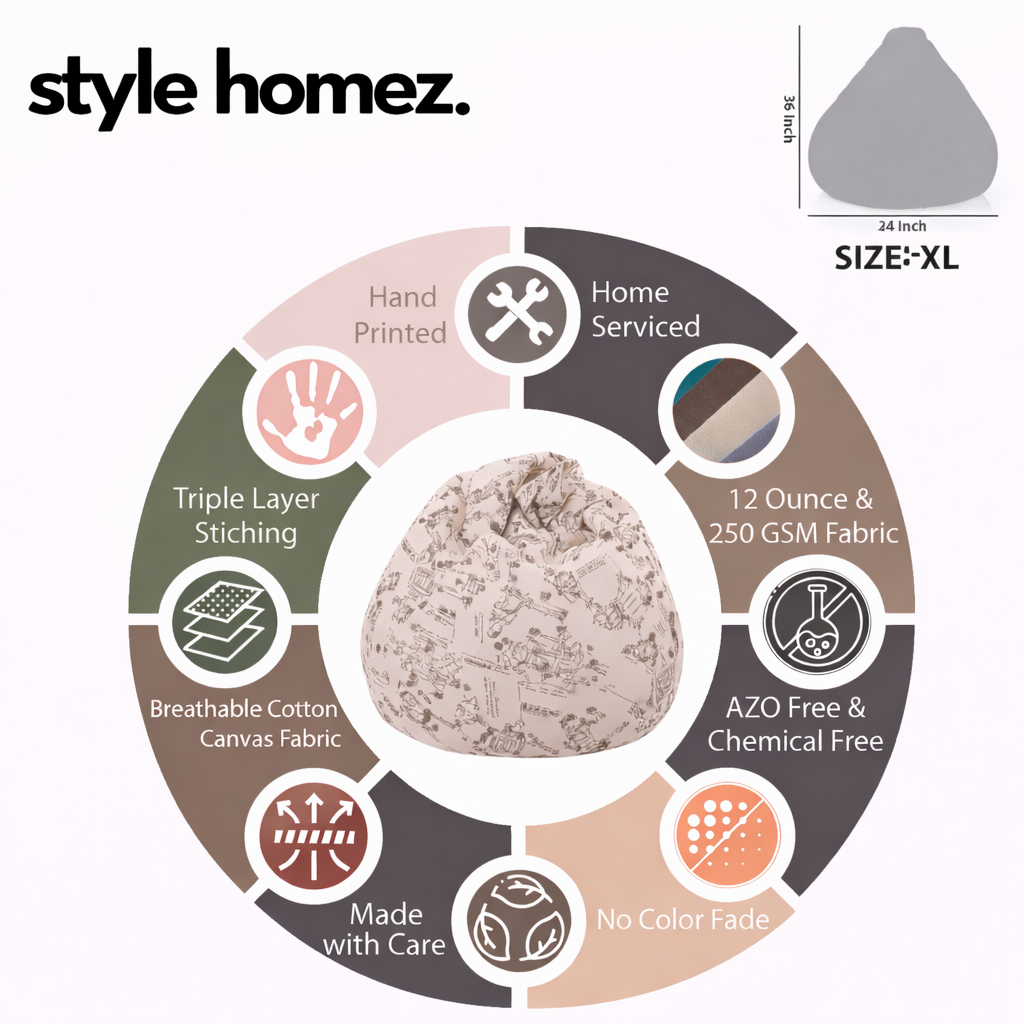 Style Homez Classic Premium Cotton Canvas Abstract Printed Bean Bag XL Size Filled with Beans Fillers