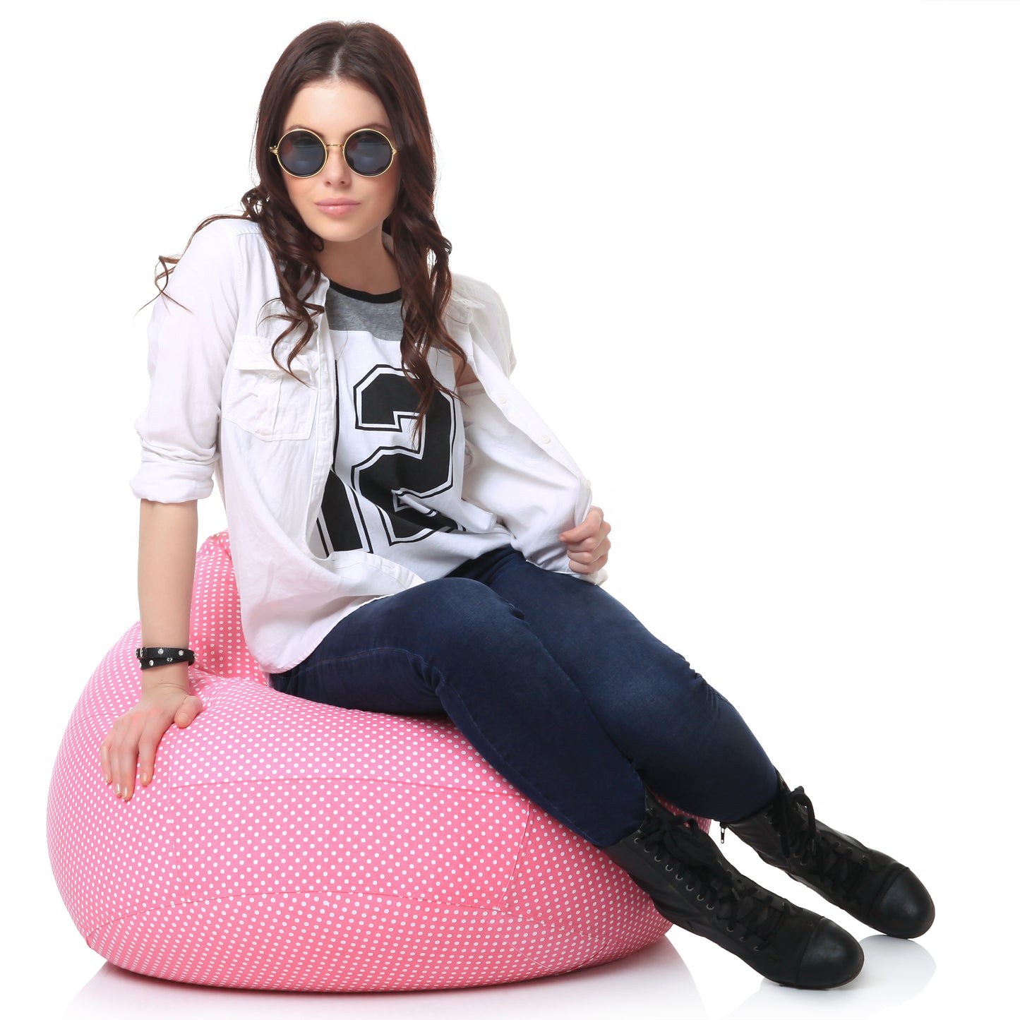 Style Homez Classic Premium Cotton Canvas Polka Dots Printed Bean Bag XL Size Filled with Beans Fillers