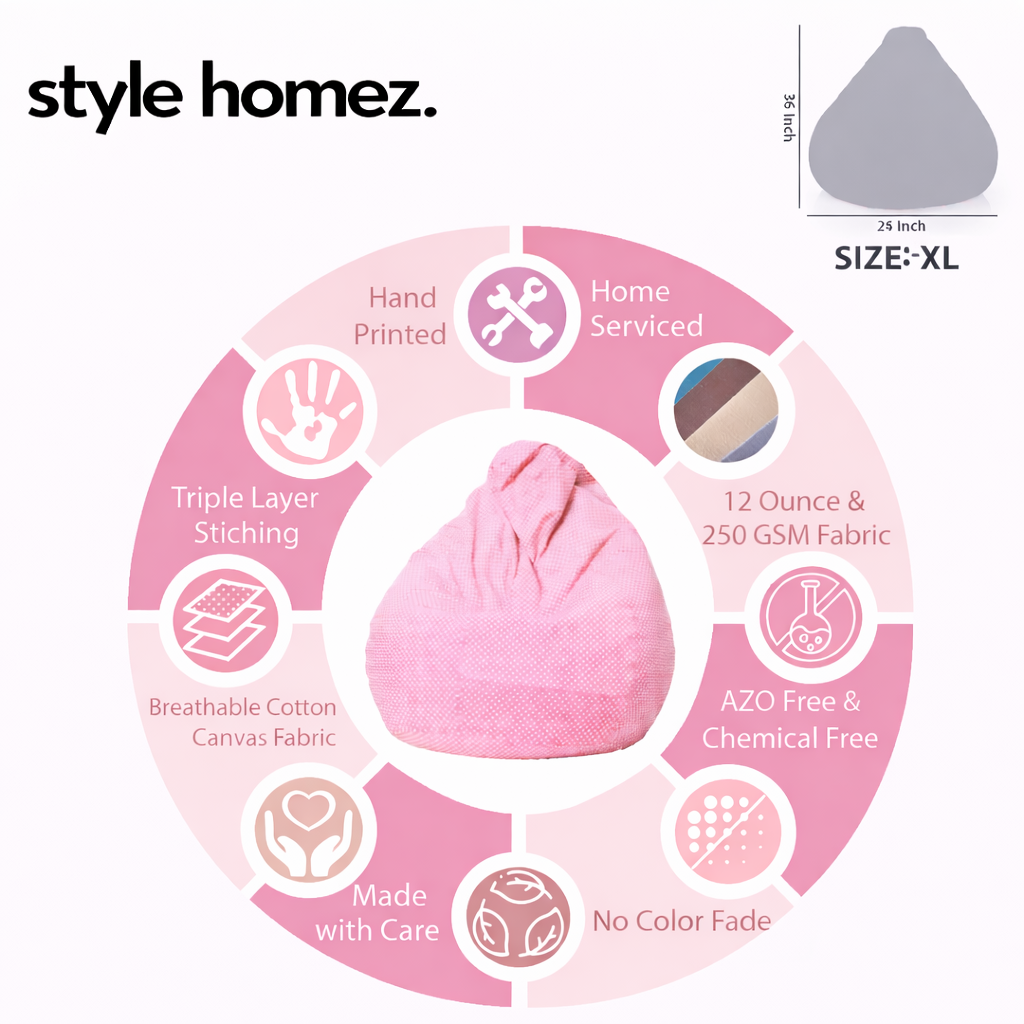 Style Homez Classic Premium Cotton Canvas Polka Dots Printed Bean Bag XL Size Filled with Beans Fillers
