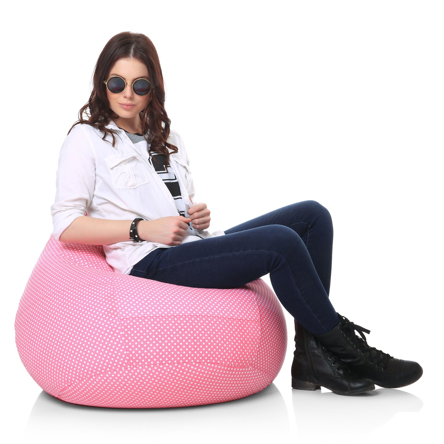 Style Homez Classic Premium Cotton Canvas Polka Dots Printed Bean Bag XL Size Filled with Beans Fillers