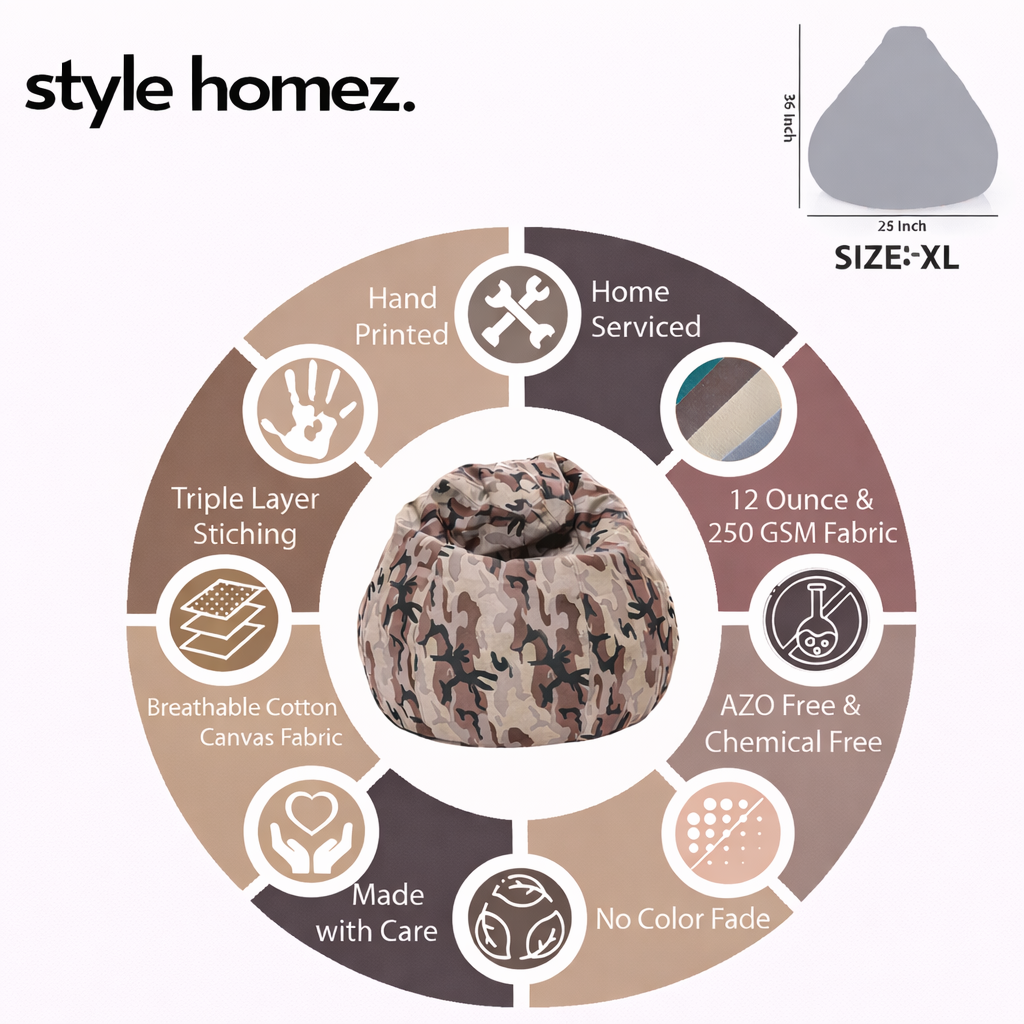 Style Homez Classic Premium Cotton Canvas Camouflage Printed Bean Bag XL Size Filled with Beans Fillers