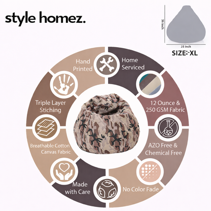 Style Homez Classic Premium Cotton Canvas Camouflage Printed Bean Bag XL Size Filled with Beans Fillers