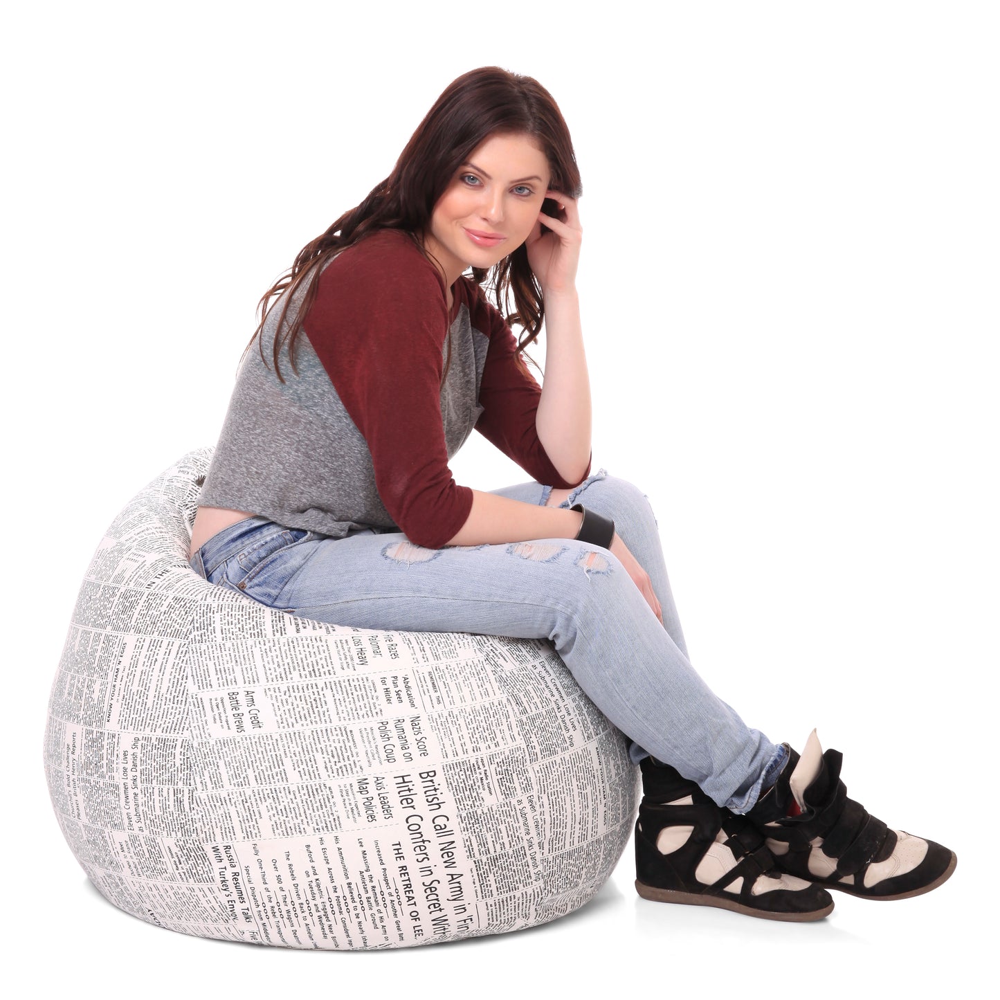 Style Homez Classic Premium Cotton Canvas Newspaper Printed Bean Bag XL Size Filled with Beans Fillers