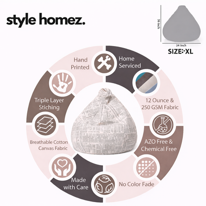 Style Homez Classic Premium Cotton Canvas Newspaper Printed Bean Bag XL Size Filled with Beans Fillers