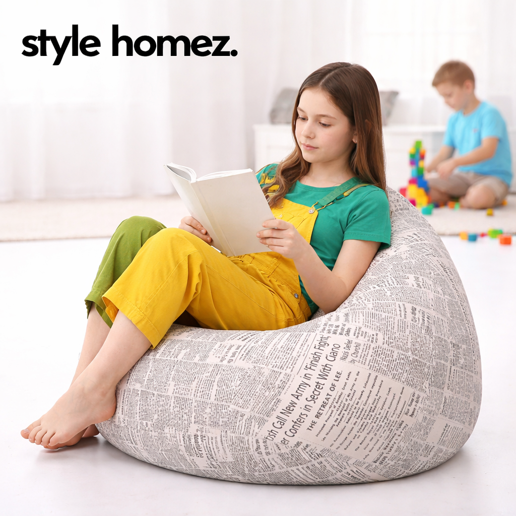 Style Homez Classic Premium Cotton Canvas Newspaper Printed Bean Bag XL Size Filled with Beans Fillers