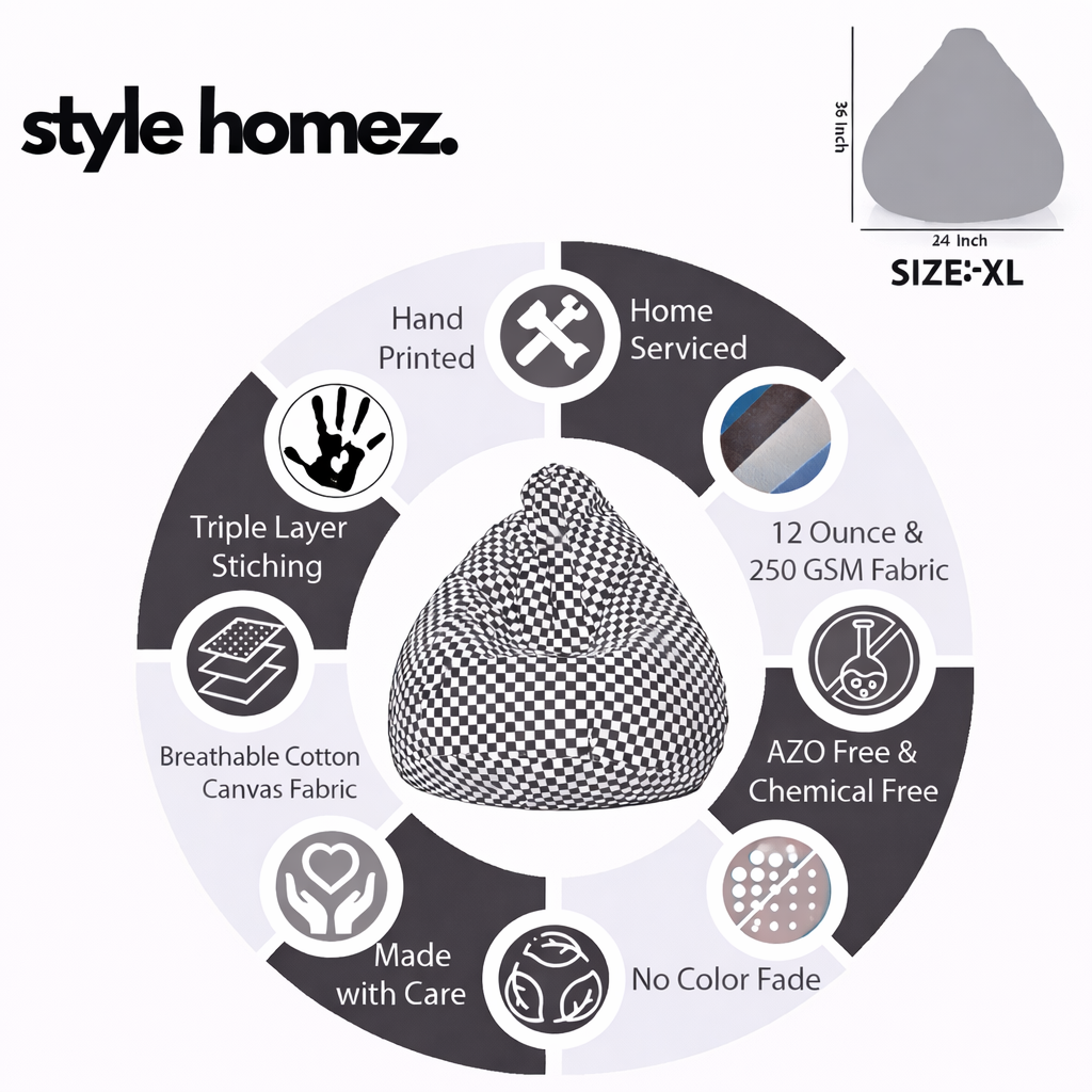 Style Homez Classic Premium Cotton Canvas Checkered Printed Bean Bag XL Size Filled with Beans Fillers