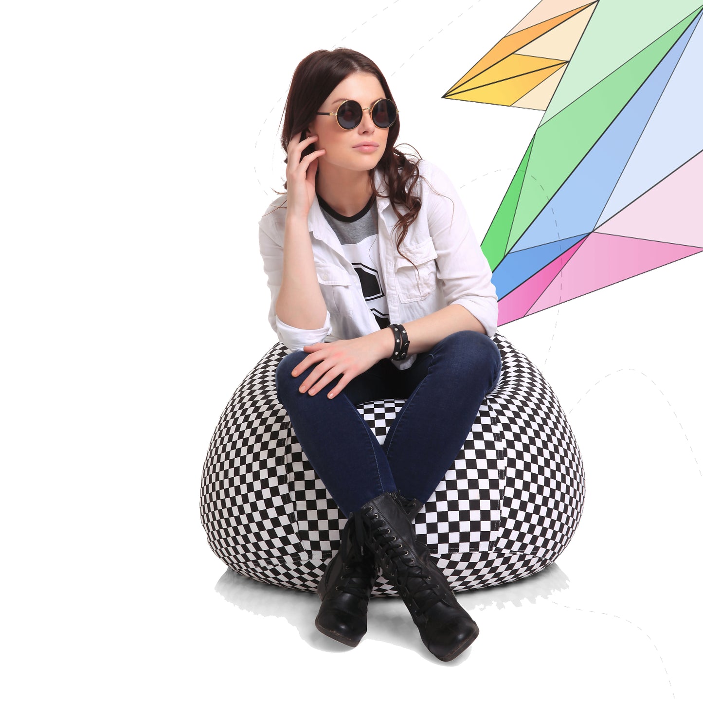 Style Homez Classic Premium Cotton Canvas Checkered Printed Bean Bag XL Size Filled with Beans Fillers