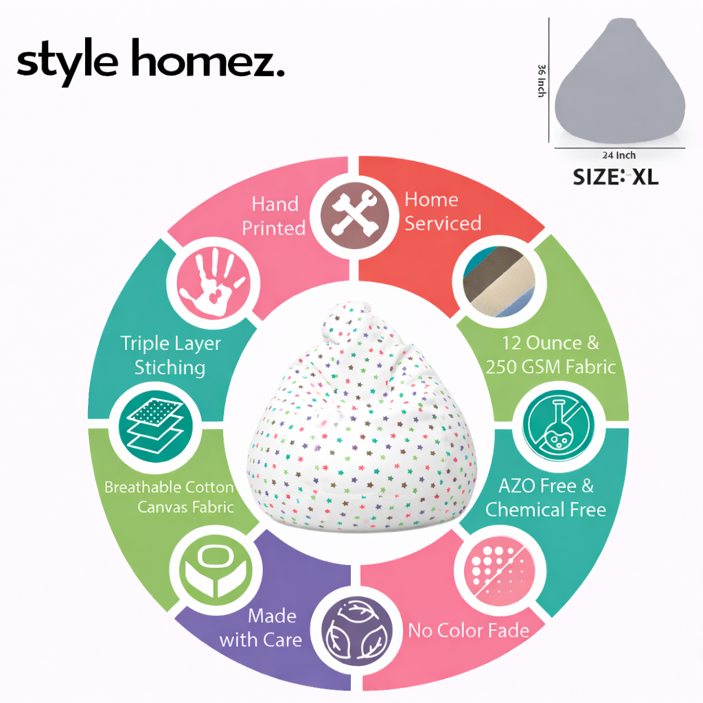 Style Homez Classic Premium Cotton Canvas Star Printed Bean Bag XL Size Filled with Beans Fillers