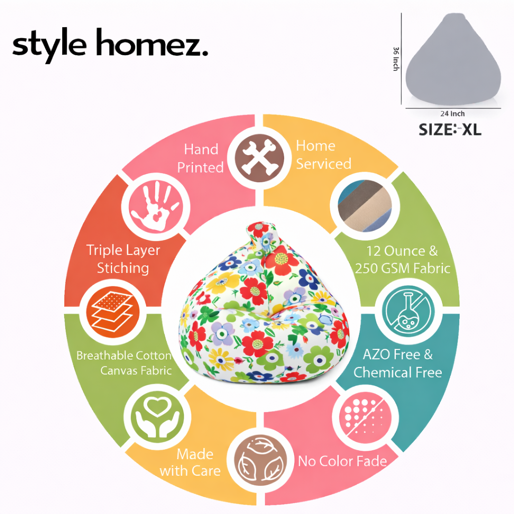 Style Homez Classic Premium Cotton Canvas Floral Printed Bean Bag XL Size Filled with Beans Fillers
