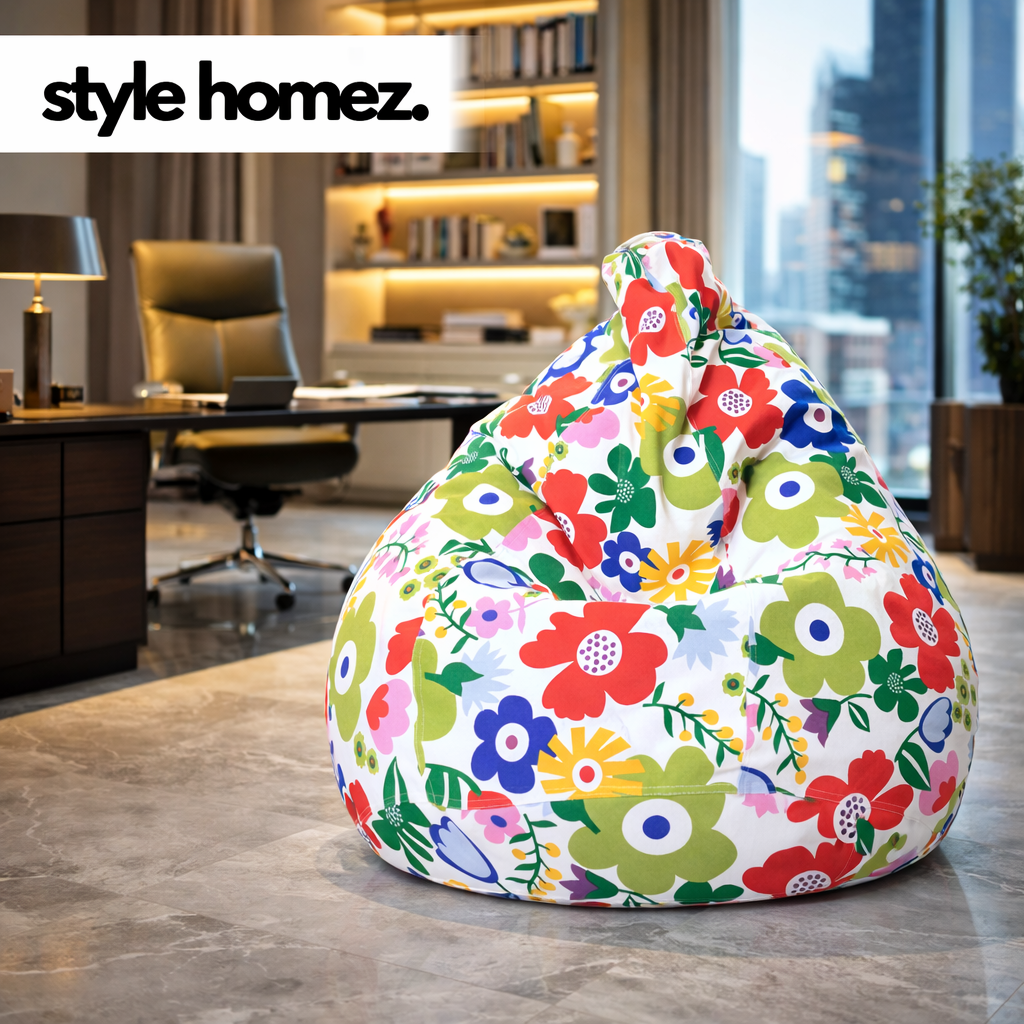 Style Homez Classic Premium Cotton Canvas Floral Printed Bean Bag XL Size Filled with Beans Fillers